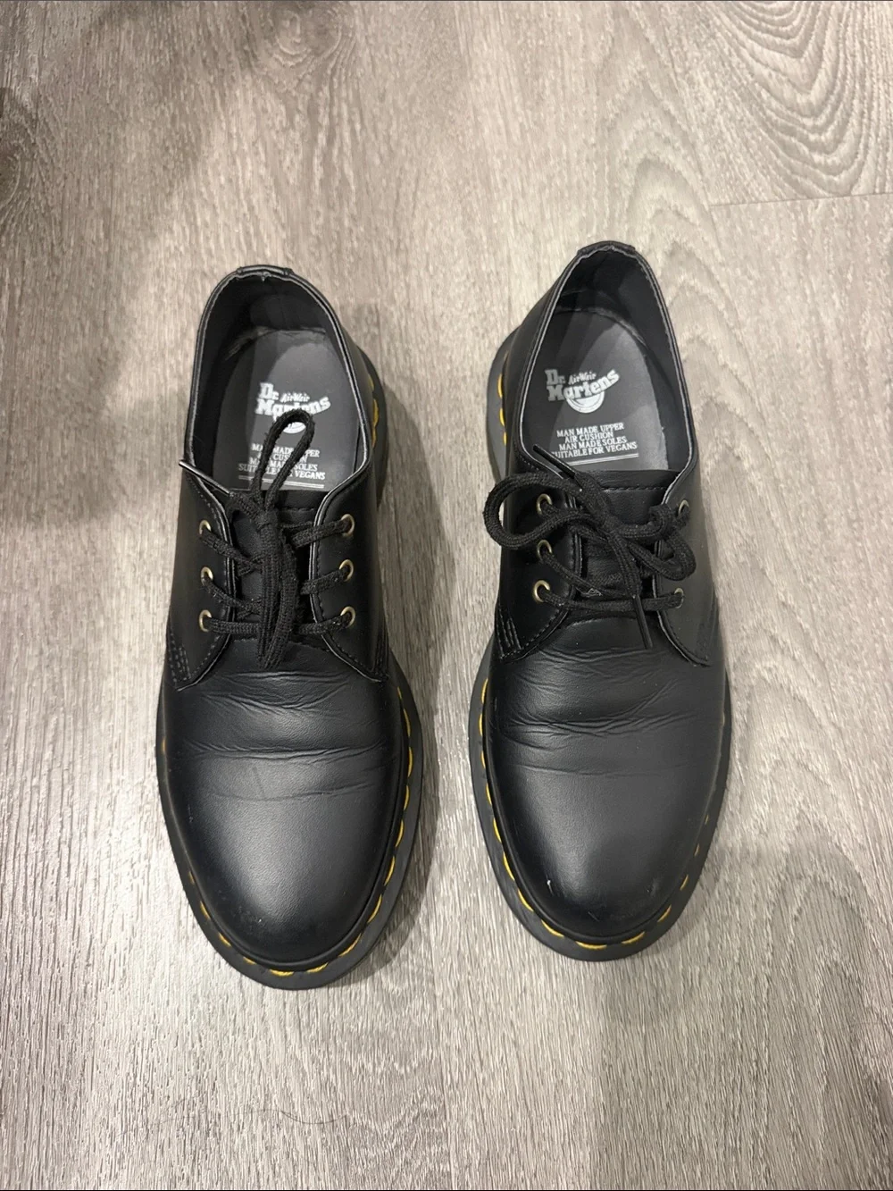 Dr. Martens Black Leather Low-Top Derby with Yellow Stitching